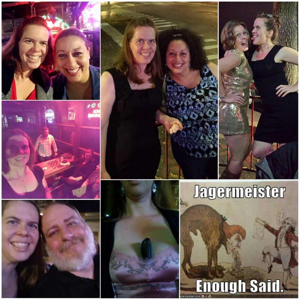 a composite of seven photos each of two friends smiling and celebrating at an evening bar scene