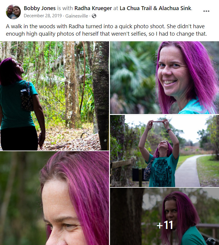 screenshot of a facebook post about a walk and a series of photos with a gallery of these photos below with a person with purple hair