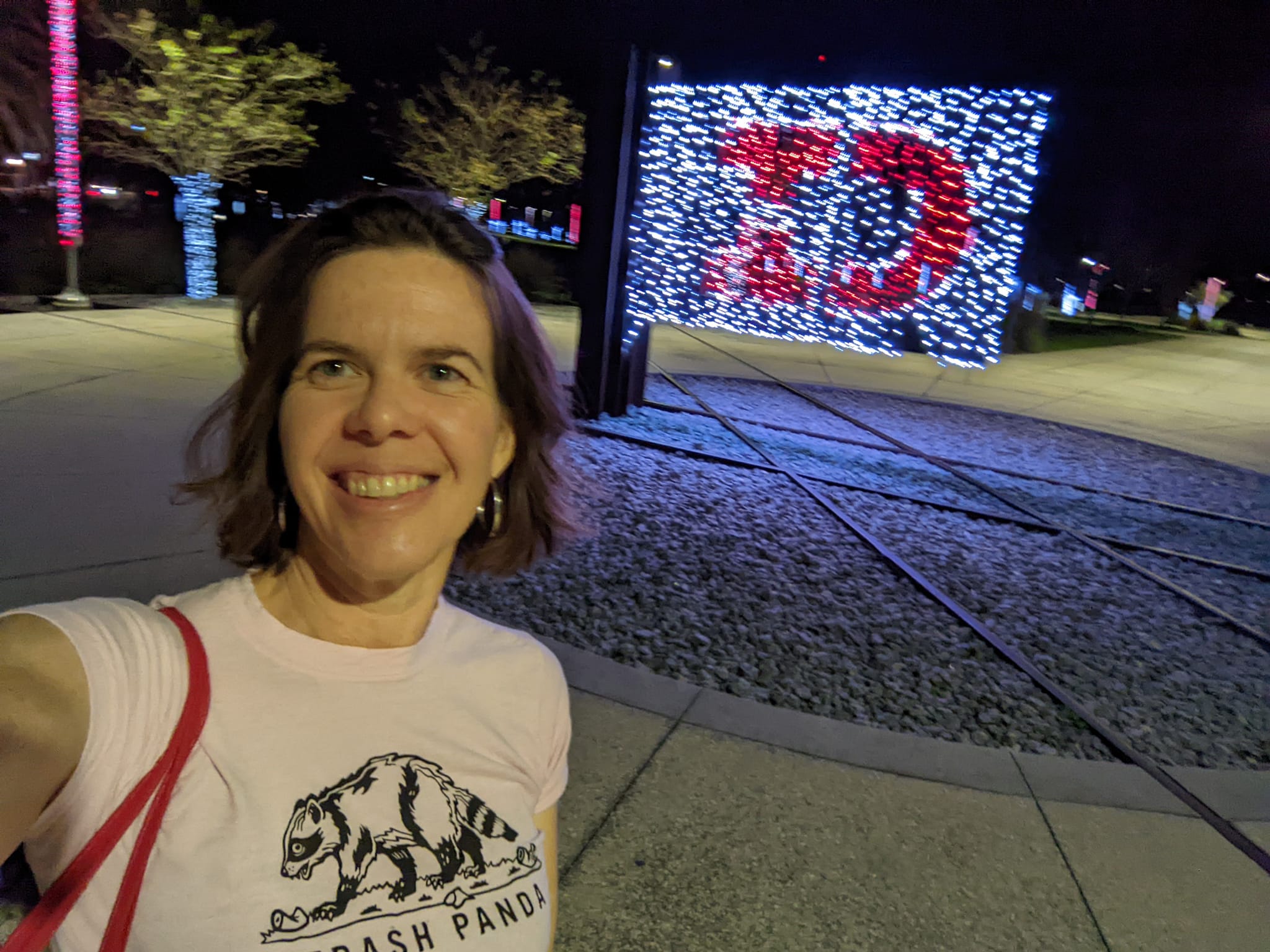 selfie in the outdoors at night with a lit up sign that is a rustic capital D