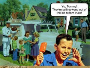 a meme of a vintage photo of kids at an ice cream truck insinuates that the truck is selling weed