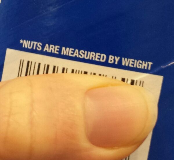 product label that says nuts are measured by weight