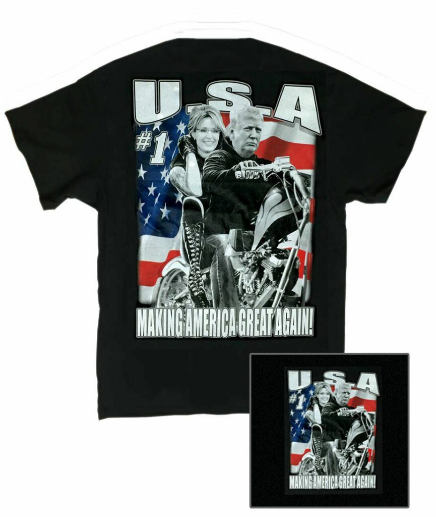 a t-shirt with political figures on a motorcycle together