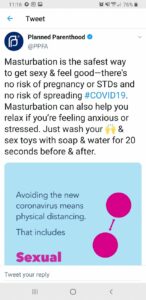 a tweet from Planned Parenthood encouraging people to masturbate instead of spread covid