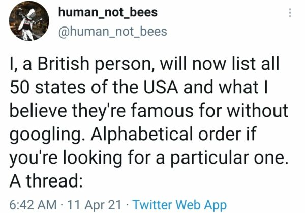 a tweet about a british person interpreting the 50 US states