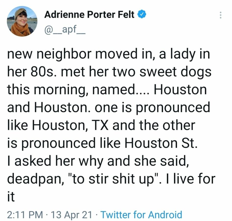 a tweet about a woman naming her dogs both Houston after the city and the street just to cause chaos