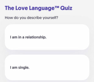 screen shot of a love languages text with a question asking what relationship status are you and showing two answers which are in a relationship or single