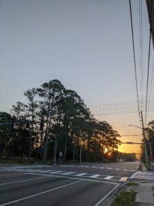 sunset over an empty street intersection and tall pine trees
