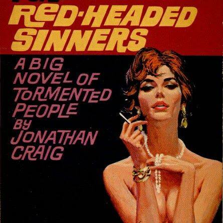 fake book cover title Red-headed Sinners with a lady smoking a cigarette looking dramatic