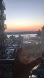 a glass of wine being held against a window city view