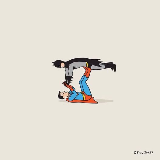 illustration of superman laying on the ground with his legs extended playfully holding up batman