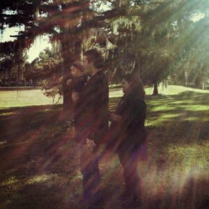 heavy shadows and sunlight obscure two people standing under a tree