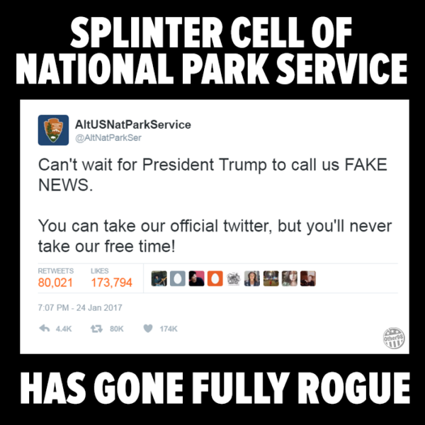 a screenshot of a tweet addressing the national parks service going rogue on social media in the wake of Trump's first term