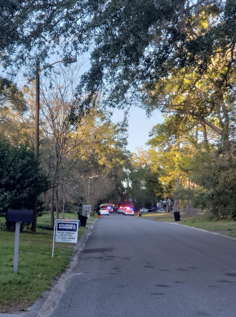 a neighborhood street with several police cars at the end with lights on