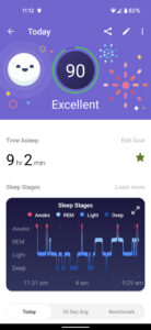 screenshot of a fitness tracking app showing a sleep score of 90 and 9 hours and the word excellent