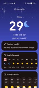 a weather update that says 29 degrees with a feels like of 22