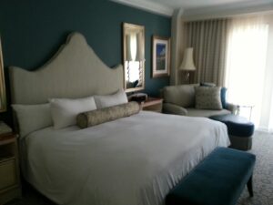 a large bed dominates what looks like a hotel room with dark walls and gauzy curtains lettign in weak sunlight