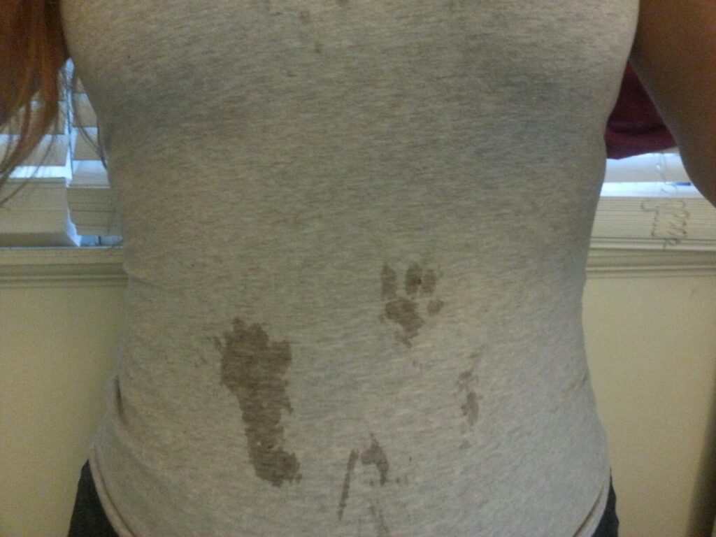 the front of a persons shirt with several wet cat footprints on it