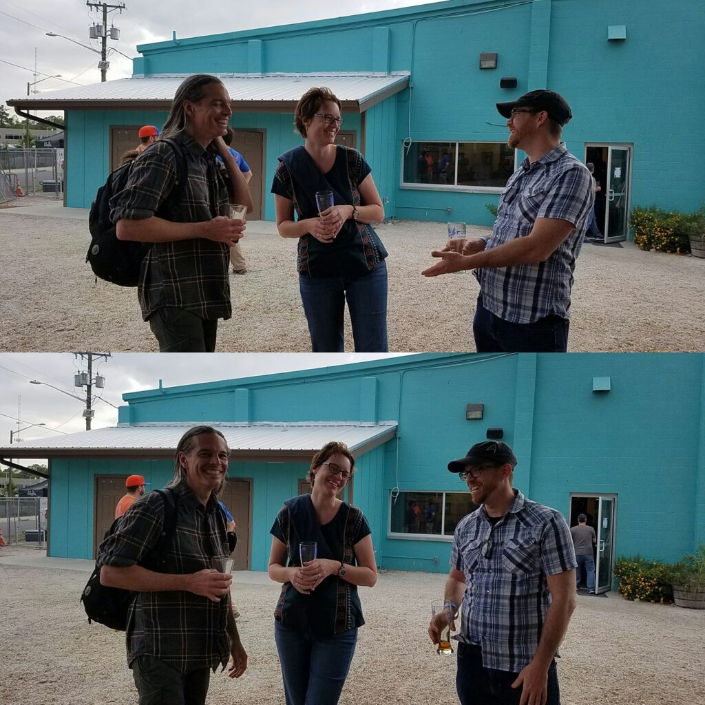 two shots of three people stand around talking in an outdoor yard of some kind covered with gravel with a building in the distance