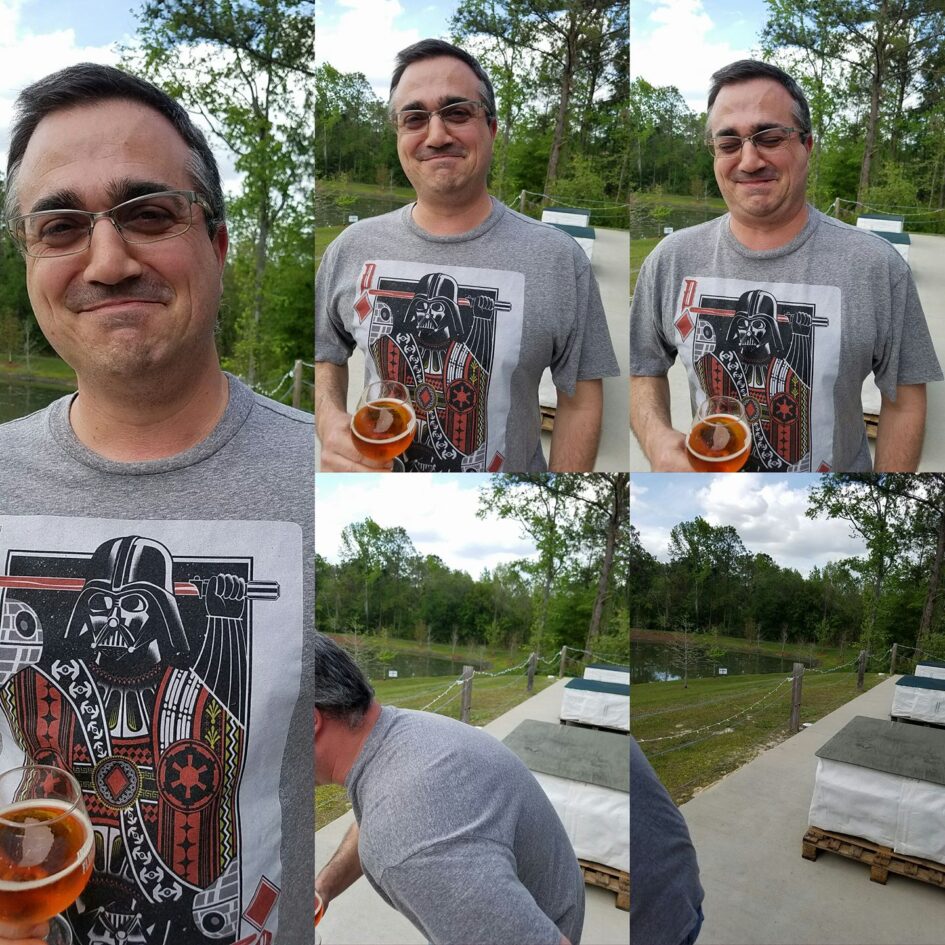 several frames of action showing a person laughing and then bowing out of view