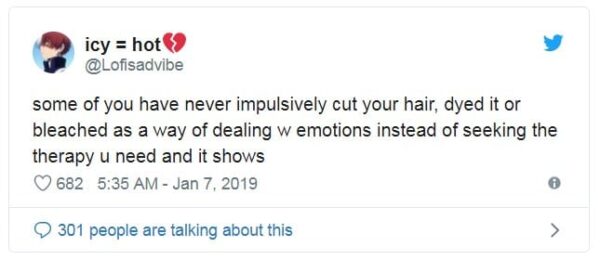 a meme about cutting ones hair during times of stress