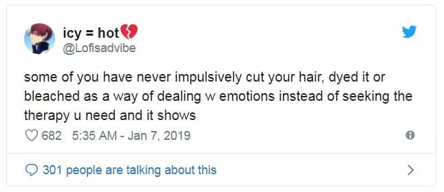 a meme about cutting ones hair during times of stress