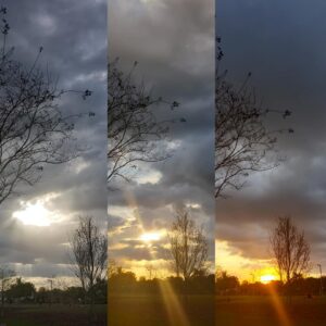 three panels of a sunset as the sun dips below the cloudy horizon