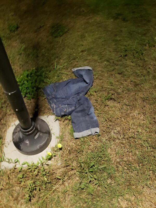 a pair of pants have been discarded and are laying on grass near a pole