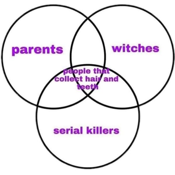 a meme venn diagram with witches, parents and serial killers as circles and where they overlap is People that collect hair and teeth