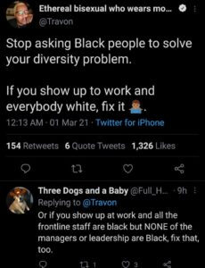 a tweet asking people to stop asking Black people to solve diversity problems