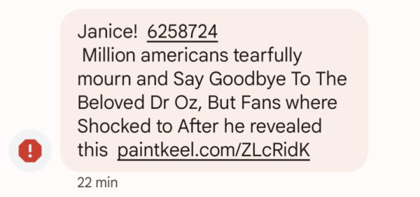 a text message marked as spam referring to Dr. Oz and providing a click bait link
