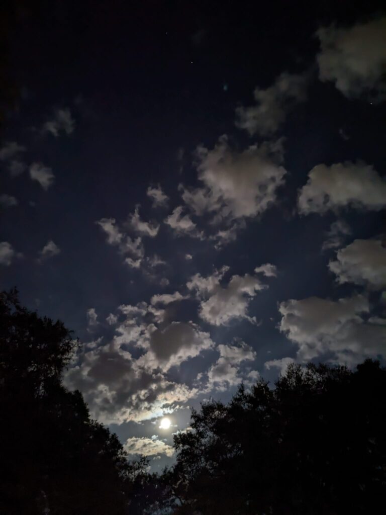 a cloudy night sky has a bright mood illuminating the wispy cloud formations