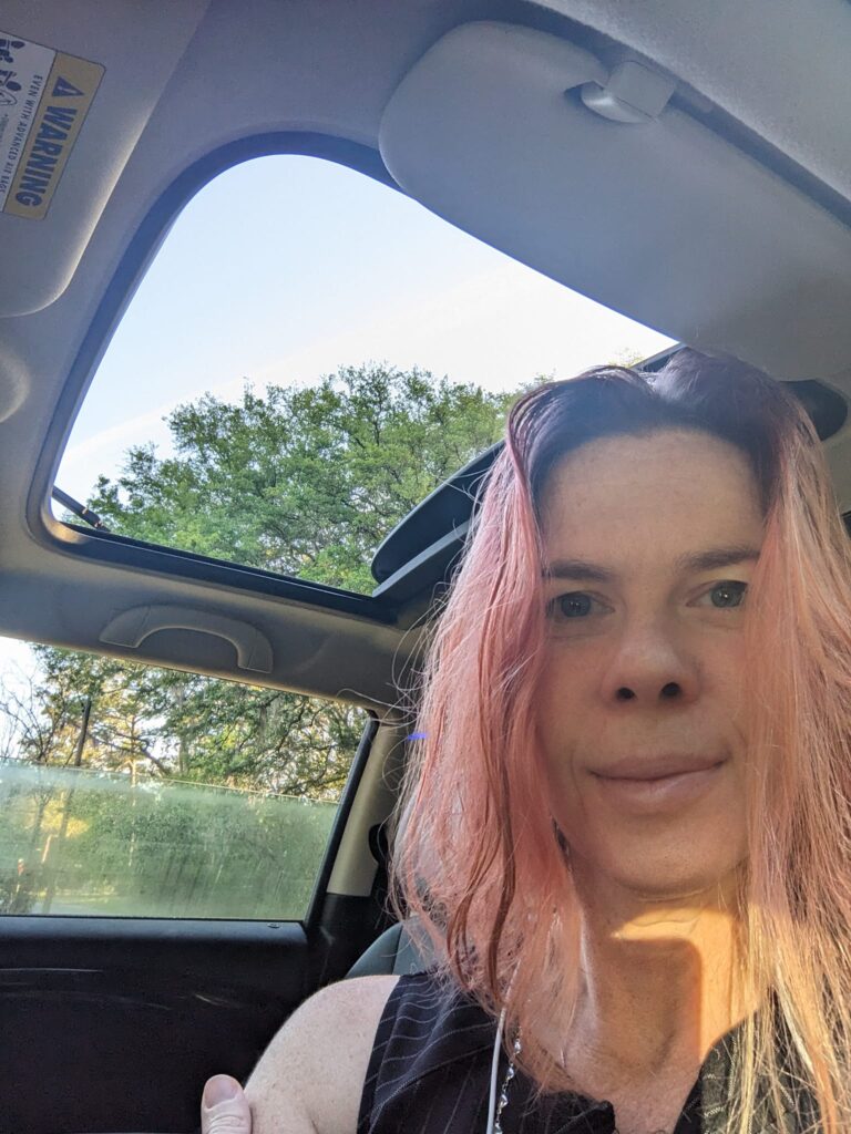 selfie of a person with slightly pink hair in a car