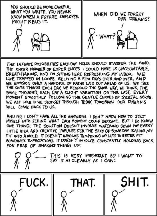 an xkcd style comic strip with stick figures having a long conversation about the meeting of life and how it is means to be lived