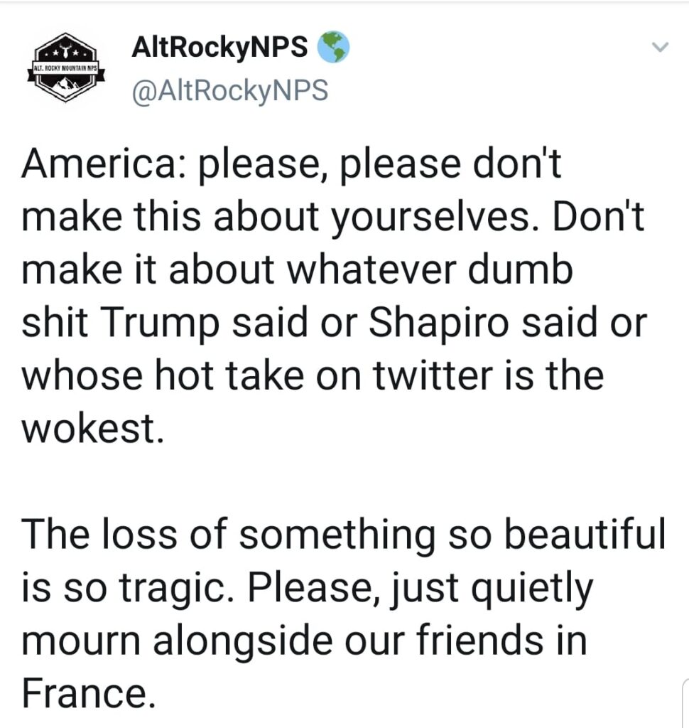 a tweet from Alt Rocky NPS asking people to not make this about them or whatever some politicians say