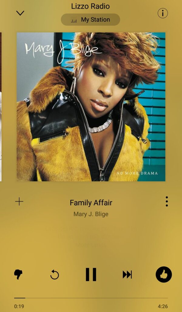 screenshot of an album track for Maru J Blige song Family Affair