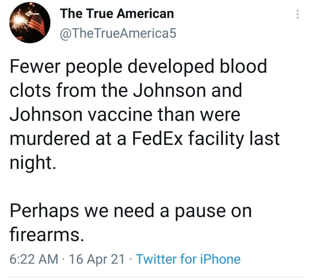 a tweet saying the covid vaccine killed fewer people than a recent mass shooting