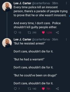 a two part tweet about the police not being allow to kill people