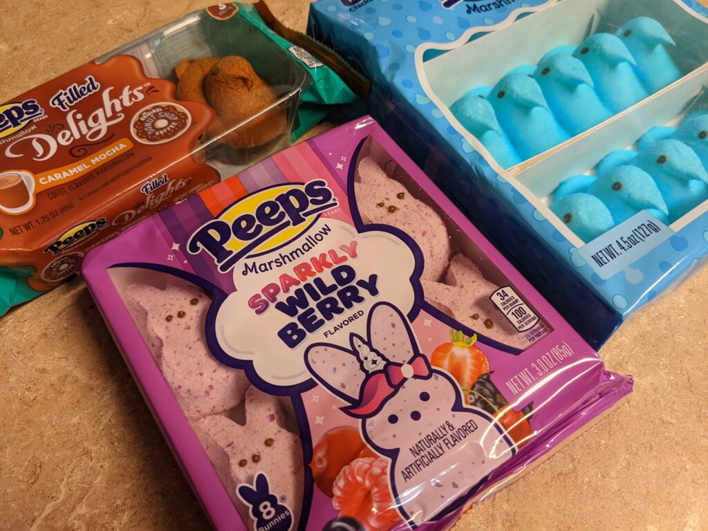 several colorful packaged of Peeps brans marshmallows