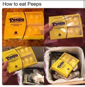 a four part picture of someone throwing away peep candy