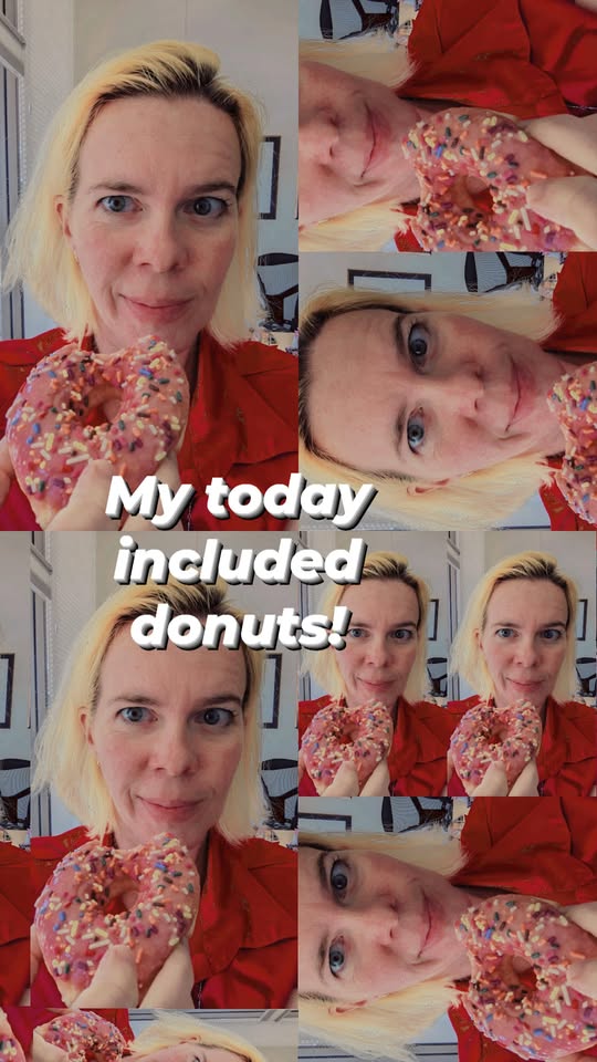 a number of iterations of a selfie of someone eating a pink donut