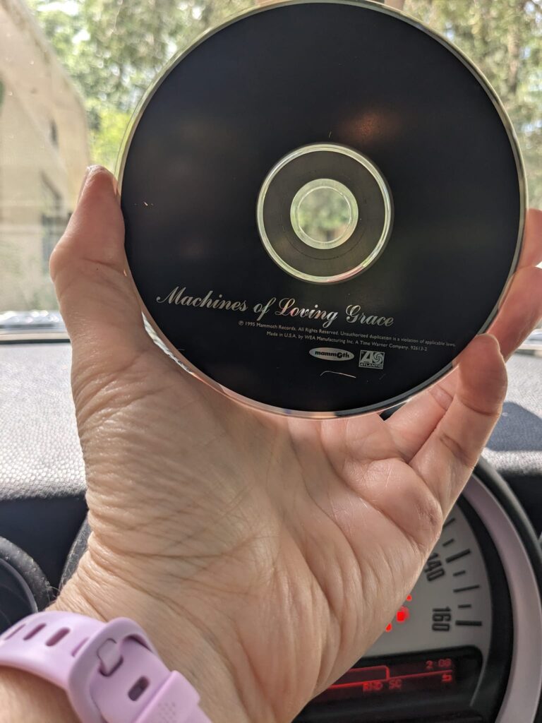 a hand holding a black CD that says Machines of Loving Grace