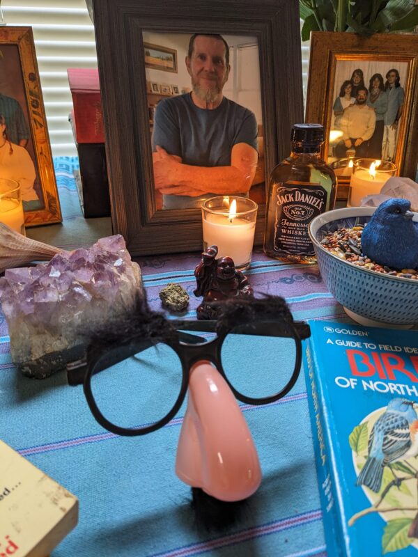 a set of fake glasses with nose is sitting on a table surrounded by photos and other small nicknacks