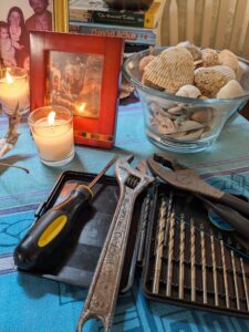 a table is covered with variety and a tool set
