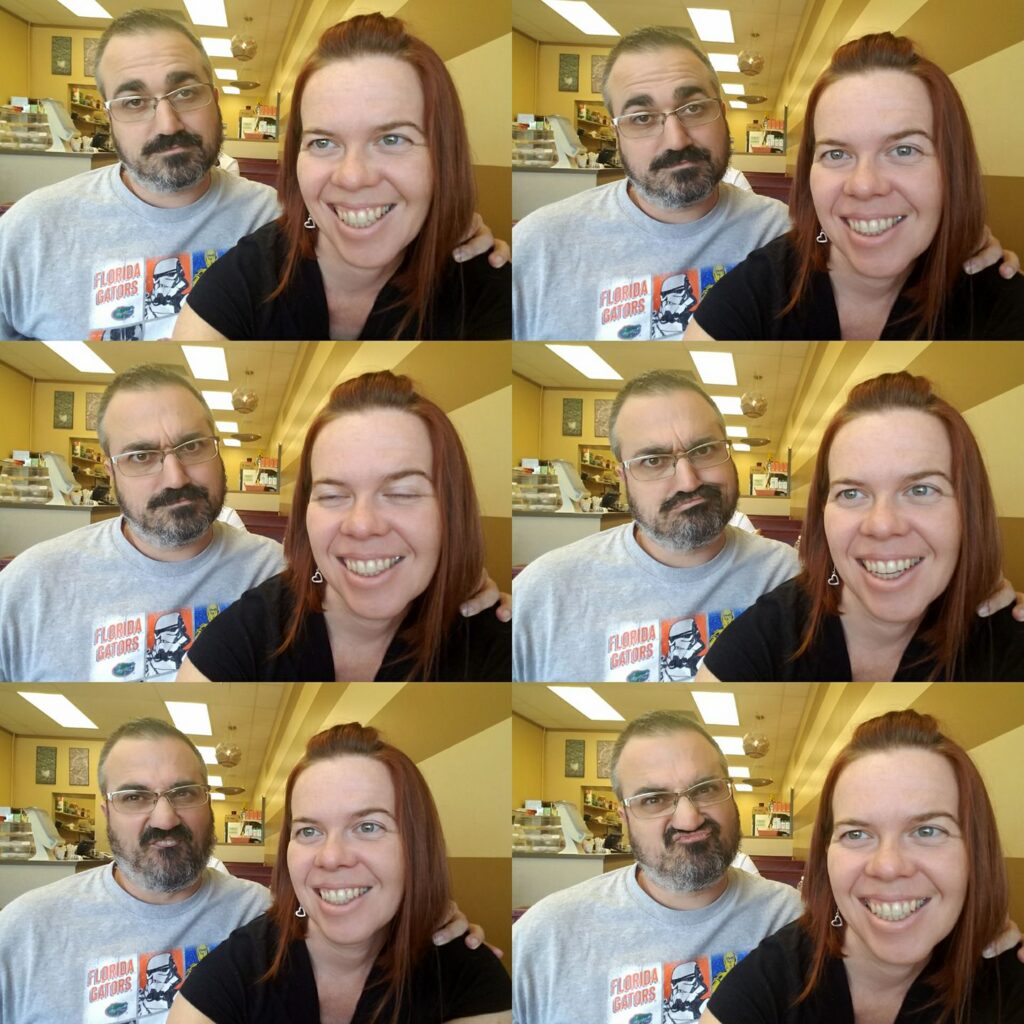 composite of several selfies in a row of two people making faces