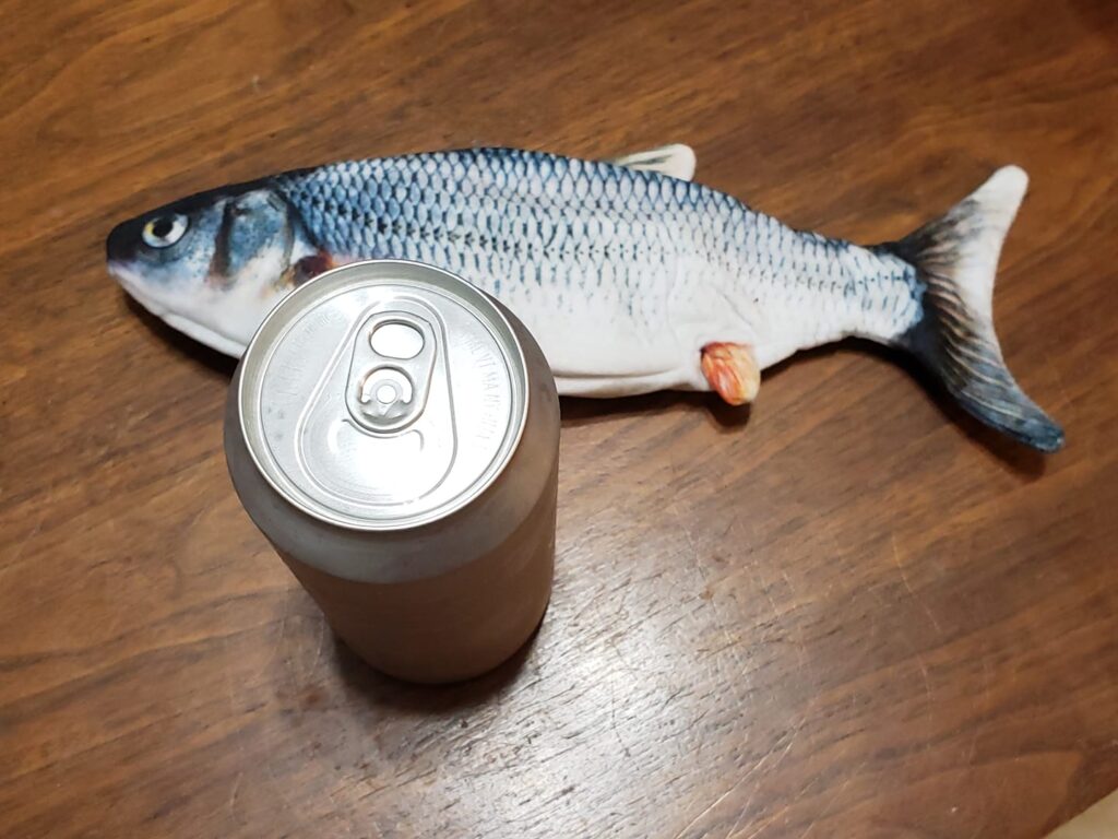 a can of beer and a toy fish