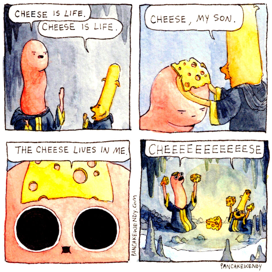 a cartoon of odd characters praying to cheese