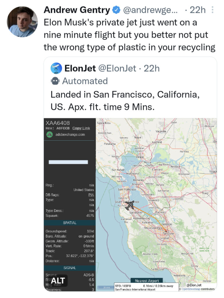 screen shot of a screen shot of ElonJet announcing Elon Musk took a nine minute flight
