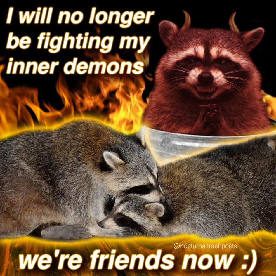 a meme of racoons that says I will no longer be fighting my demons. We're friends now