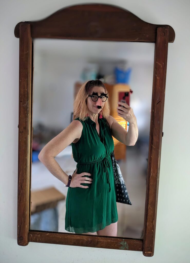 mirror selfie of a person wearing novelty glasses