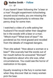 screeshot of a social post about wives asking their husbands to examine the question of bear or man in context of their daughters, forcing them to grapple with the issue